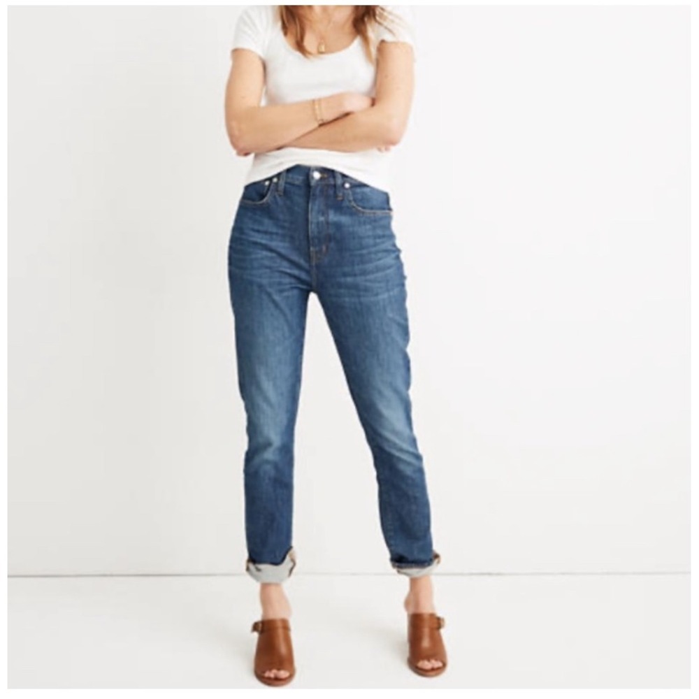 Madewell High Rise Slim Boy Jeans Womens 26 Blue‎ Stretch Denim Distressed Hem